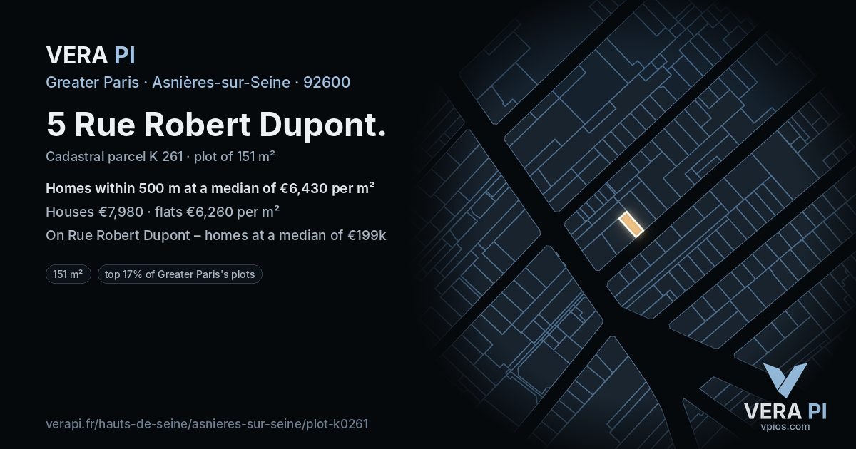 5 Rue Robert Dupont, Asnières-sur-Seine at night – the plot lit, the parcels around coloured by the prices near them