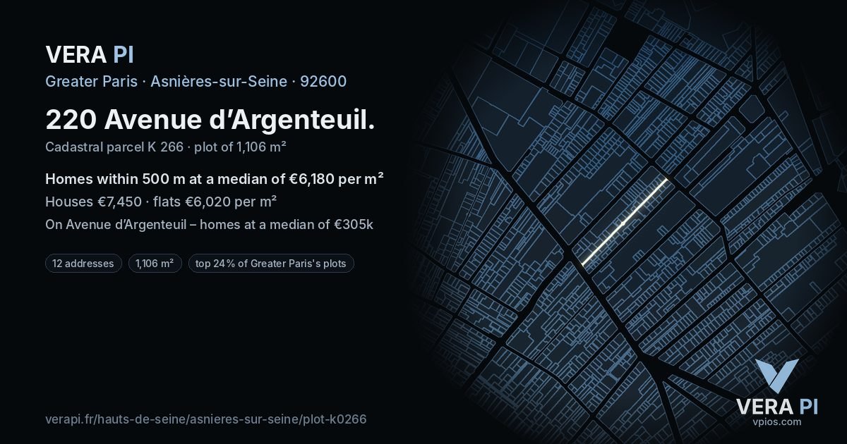 220 Avenue d’Argenteuil, Asnières-sur-Seine at night – the plot lit, the parcels around coloured by the prices near them