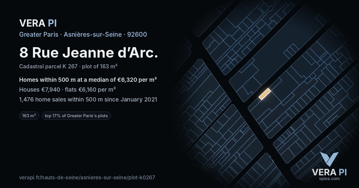 8 Rue Jeanne d’Arc, Asnières-sur-Seine at night – the plot lit, the parcels around coloured by the prices near them