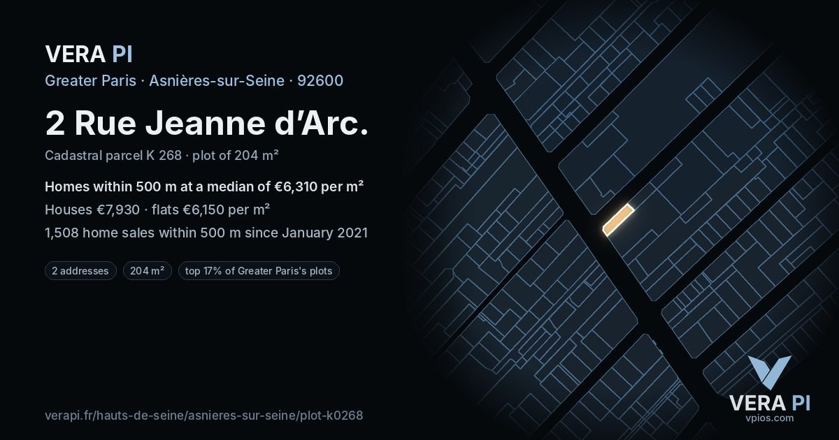 2 Rue Jeanne d’Arc, Asnières-sur-Seine at night – the plot lit, the parcels around coloured by the prices near them