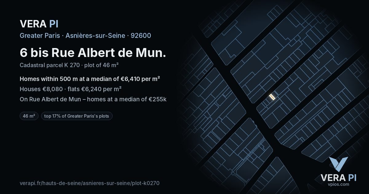 6 bis Rue Albert de Mun, Asnières-sur-Seine at night – the plot lit, the parcels around coloured by the prices near them