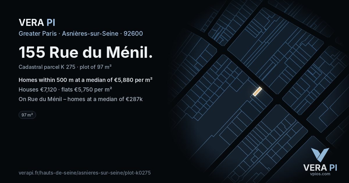 155 Rue du Ménil, Asnières-sur-Seine at night – the plot lit, the parcels around coloured by the prices near them
