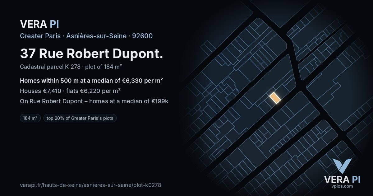 37 Rue Robert Dupont, Asnières-sur-Seine at night – the plot lit, the parcels around coloured by the prices near them