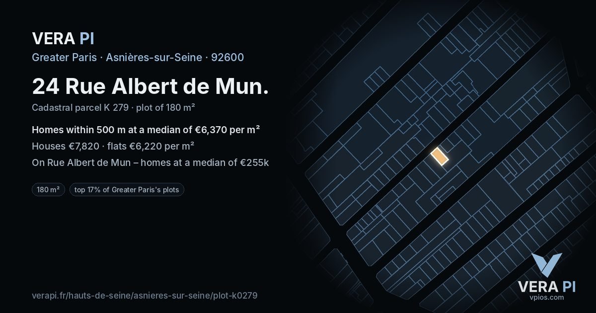 24 Rue Albert de Mun, Asnières-sur-Seine at night – the plot lit, the parcels around coloured by the prices near them