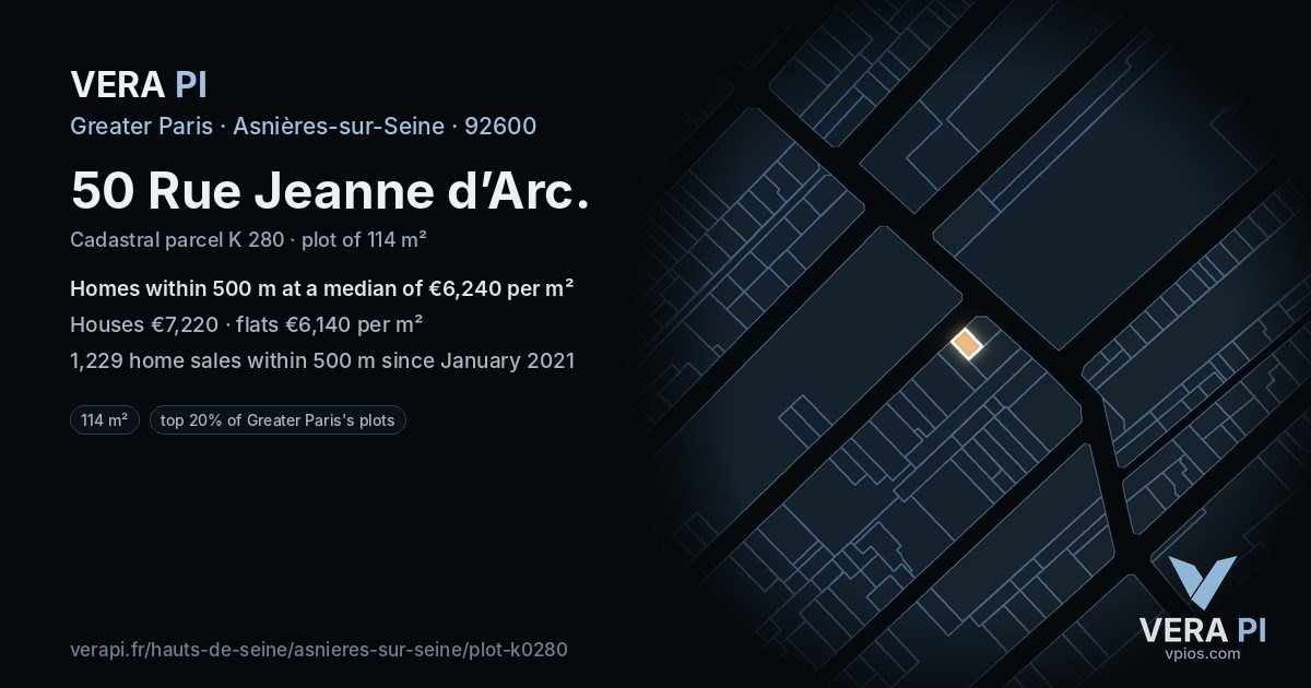 50 Rue Jeanne d’Arc, Asnières-sur-Seine at night – the plot lit, the parcels around coloured by the prices near them