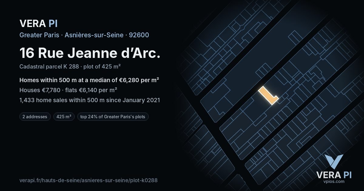 16 Rue Jeanne d’Arc, Asnières-sur-Seine at night – the plot lit, the parcels around coloured by the prices near them