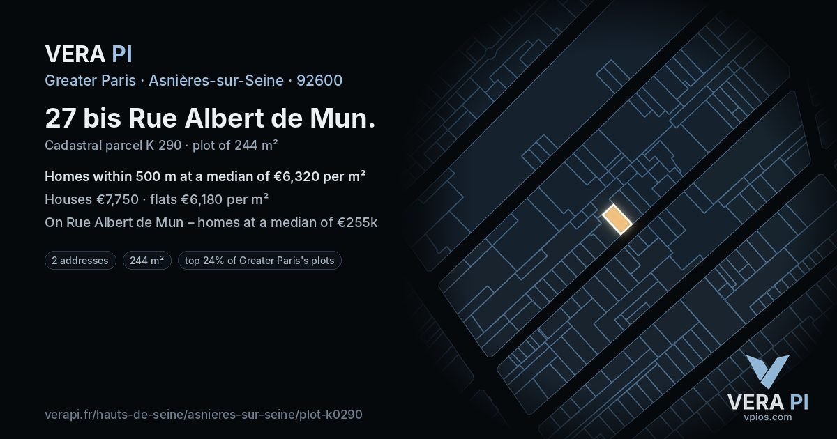 27 bis Rue Albert de Mun, Asnières-sur-Seine at night – the plot lit, the parcels around coloured by the prices near them