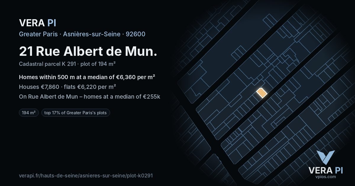 21 Rue Albert de Mun, Asnières-sur-Seine at night – the plot lit, the parcels around coloured by the prices near them
