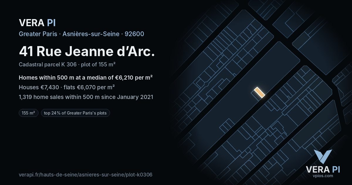 41 Rue Jeanne d’Arc, Asnières-sur-Seine at night – the plot lit, the parcels around coloured by the prices near them
