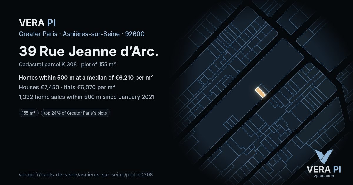 39 Rue Jeanne d’Arc, Asnières-sur-Seine at night – the plot lit, the parcels around coloured by the prices near them