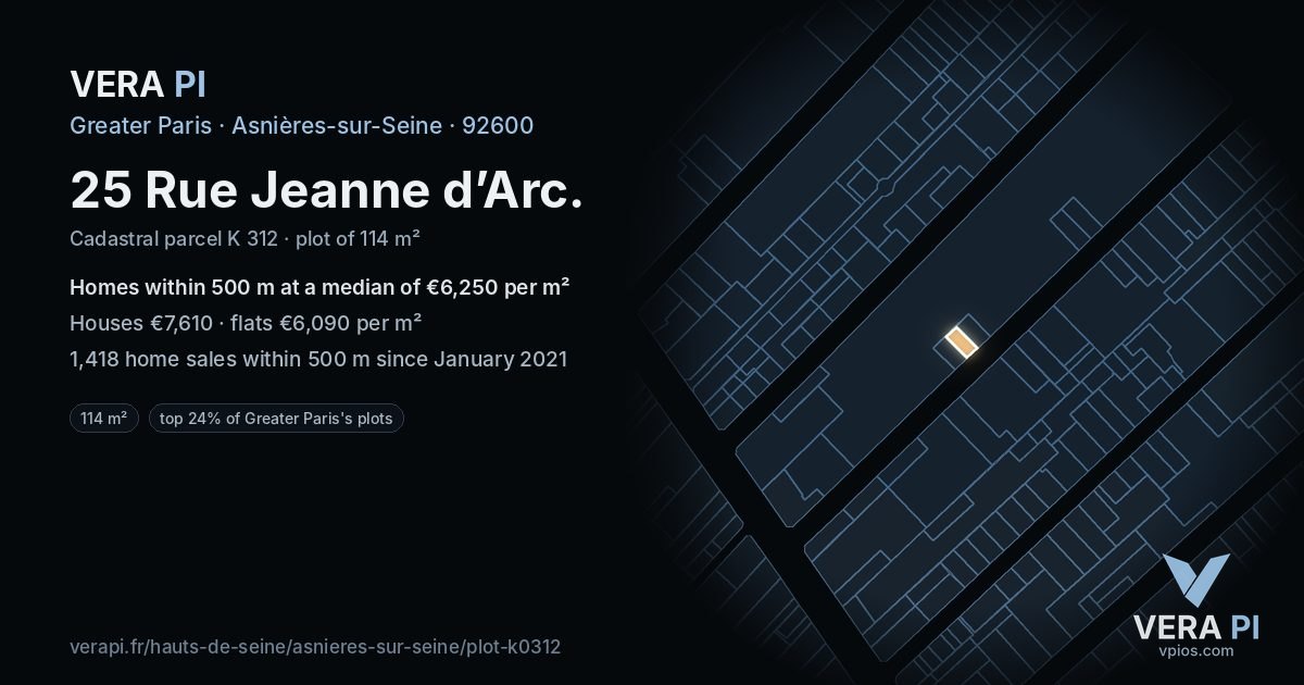25 Rue Jeanne d’Arc, Asnières-sur-Seine at night – the plot lit, the parcels around coloured by the prices near them