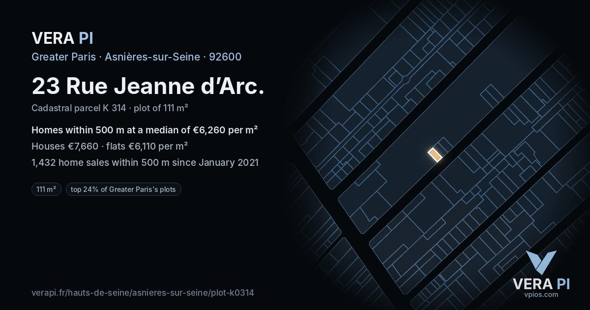 23 Rue Jeanne d’Arc, Asnières-sur-Seine at night – the plot lit, the parcels around coloured by the prices near them