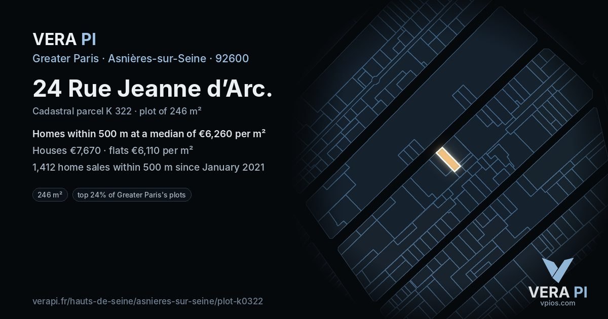 24 Rue Jeanne d’Arc, Asnières-sur-Seine at night – the plot lit, the parcels around coloured by the prices near them