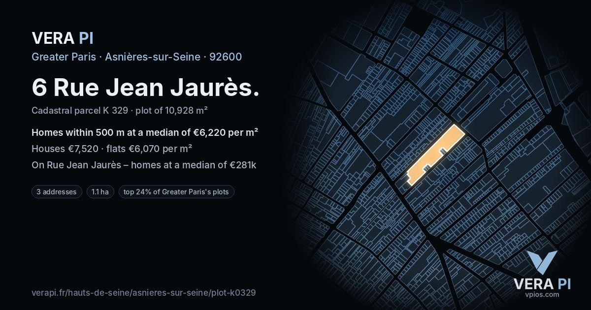 6 Rue Jean Jaurès, Asnières-sur-Seine at night – the plot lit, the parcels around coloured by the prices near them