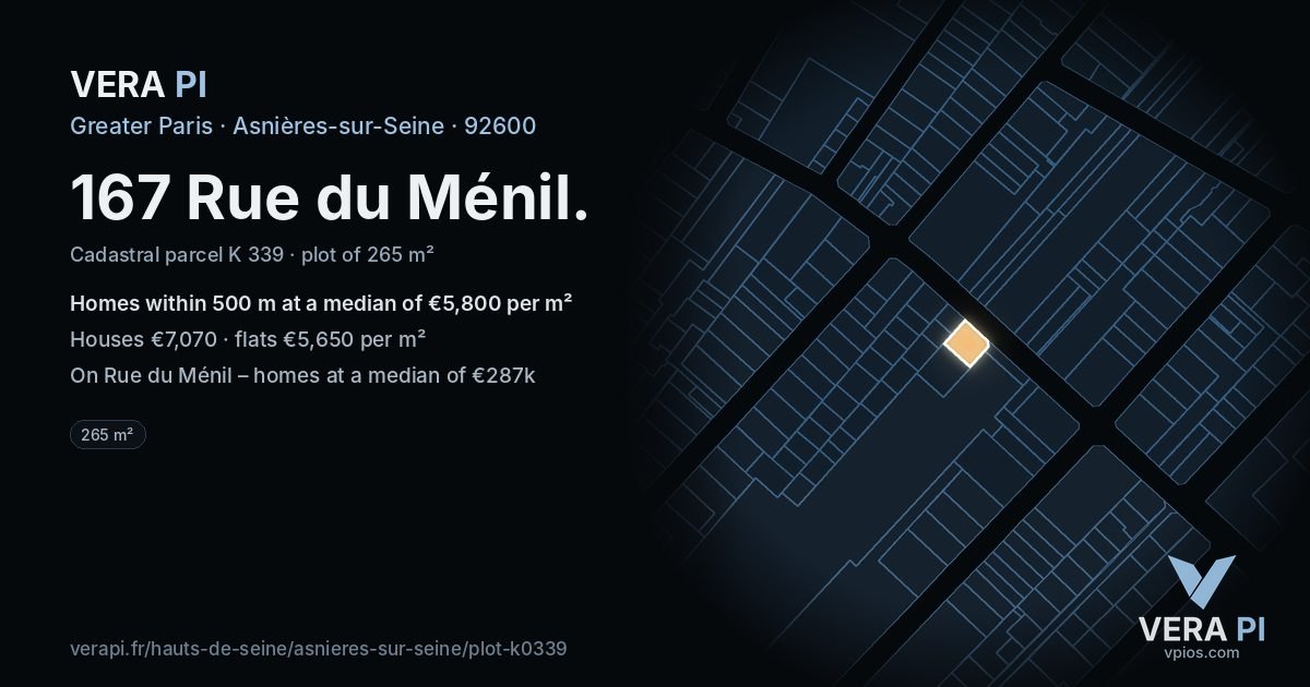 167 Rue du Ménil, Asnières-sur-Seine at night – the plot lit, the parcels around coloured by the prices near them