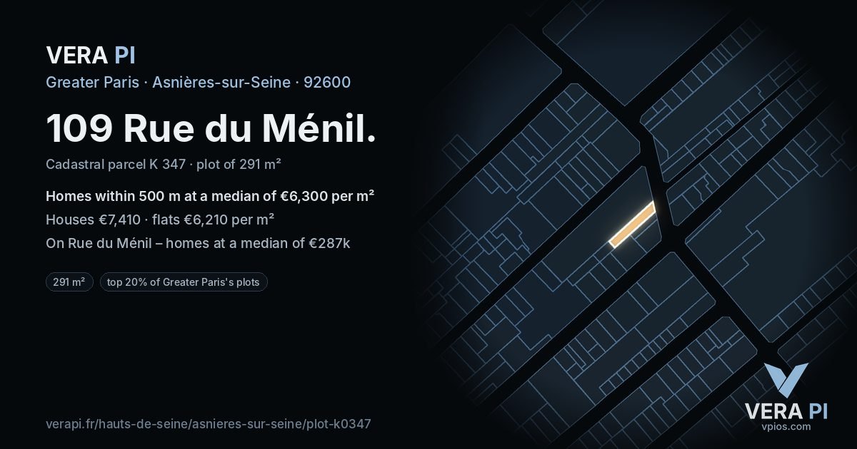 109 Rue du Ménil, Asnières-sur-Seine at night – the plot lit, the parcels around coloured by the prices near them
