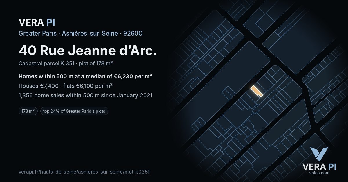 40 Rue Jeanne d’Arc, Asnières-sur-Seine at night – the plot lit, the parcels around coloured by the prices near them