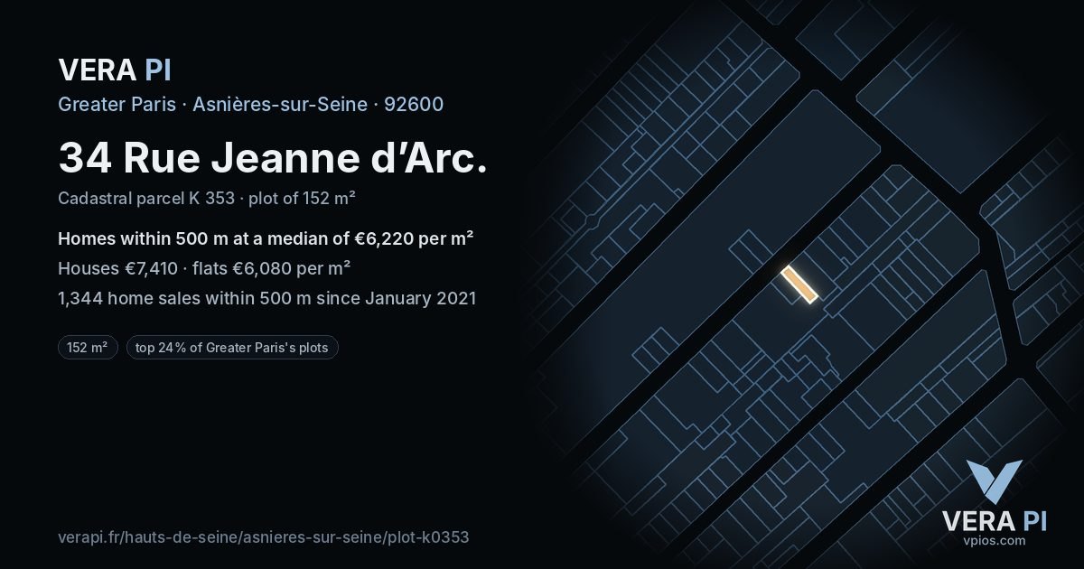 34 Rue Jeanne d’Arc, Asnières-sur-Seine at night – the plot lit, the parcels around coloured by the prices near them