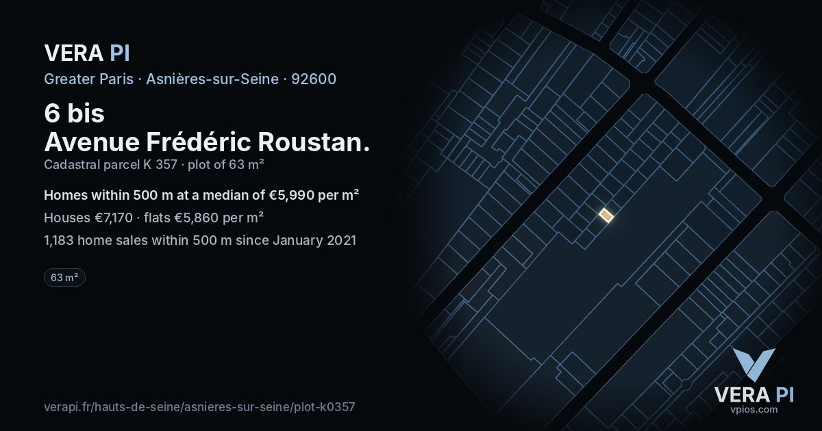 6 bis Avenue Frédéric Roustan, Asnières-sur-Seine at night – the plot lit, the parcels around coloured by the prices near them