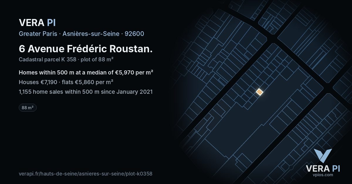 6 Avenue Frédéric Roustan, Asnières-sur-Seine at night – the plot lit, the parcels around coloured by the prices near them