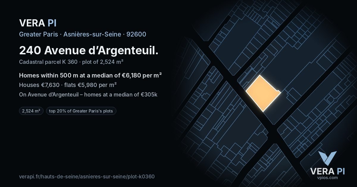 240 Avenue d’Argenteuil, Asnières-sur-Seine at night – the plot lit, the parcels around coloured by the prices near them
