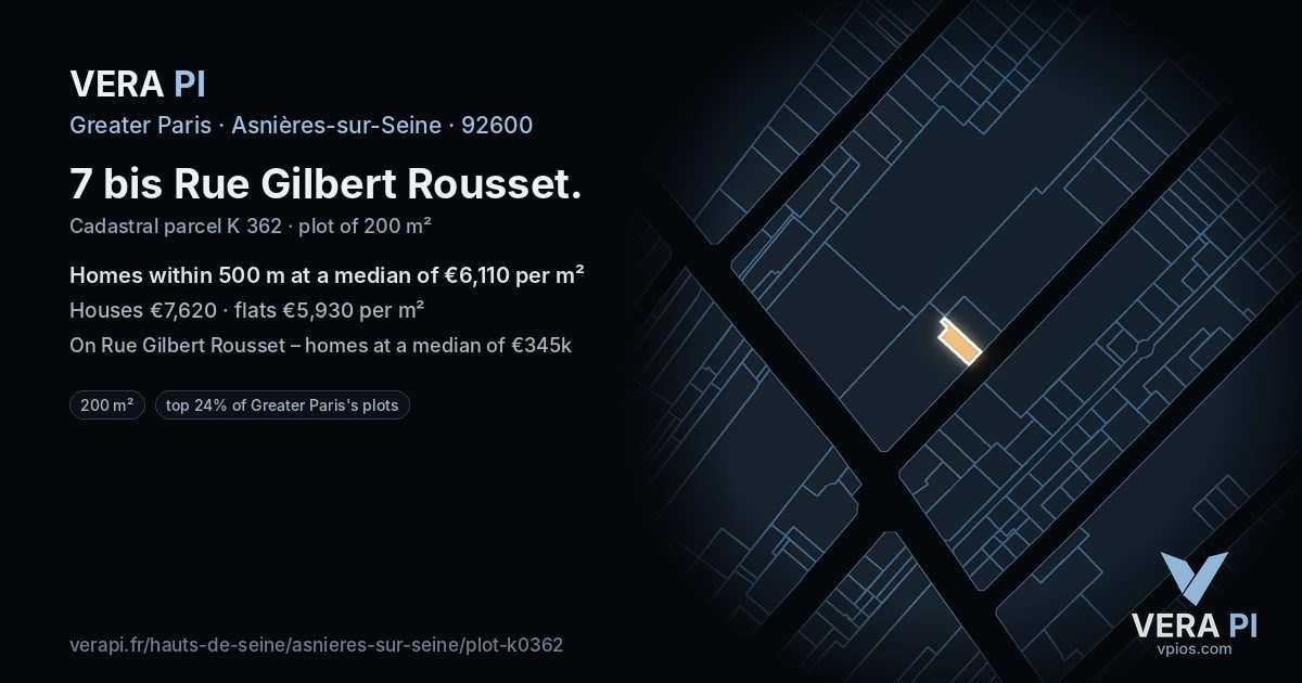 7 bis Rue Gilbert Rousset, Asnières-sur-Seine at night – the plot lit, the parcels around coloured by the prices near them