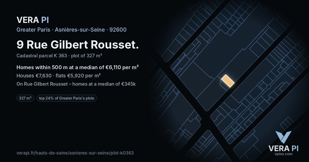 9 Rue Gilbert Rousset, Asnières-sur-Seine at night – the plot lit, the parcels around coloured by the prices near them