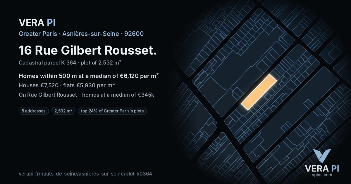 16 Rue Gilbert Rousset, Asnières-sur-Seine at night – the plot lit, the parcels around coloured by the prices near them