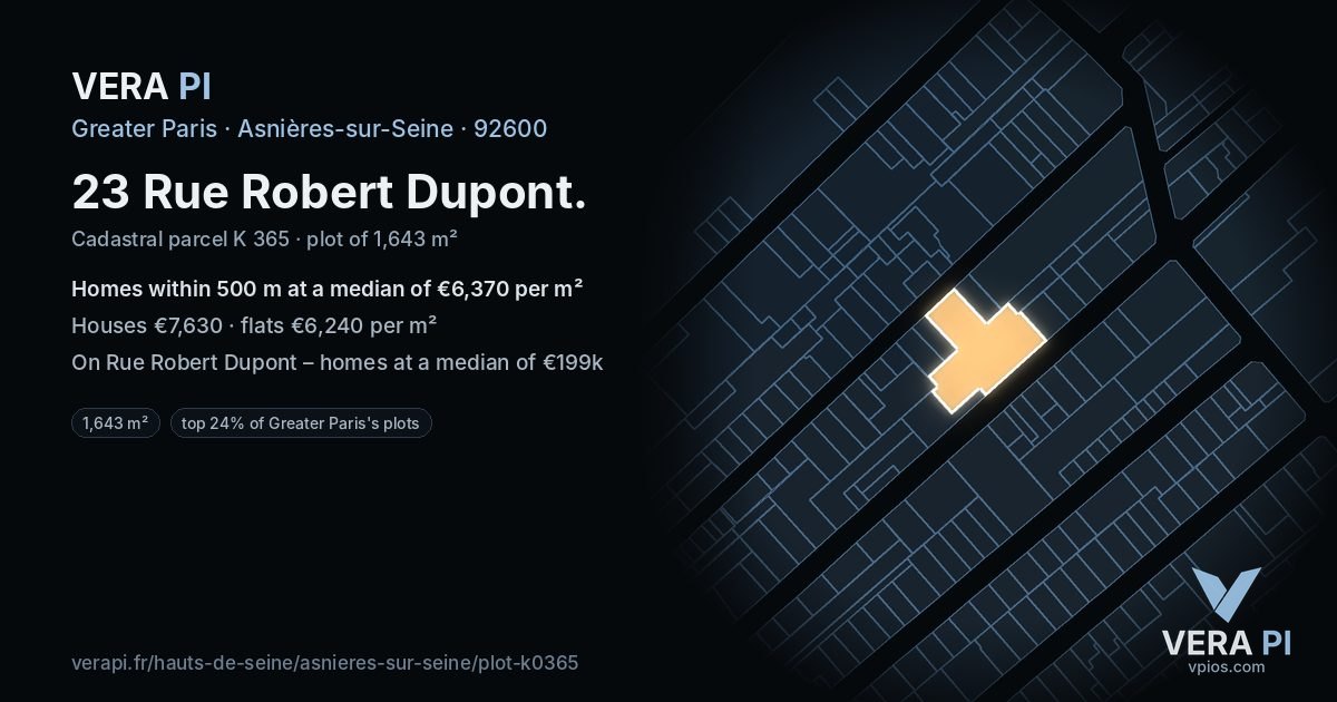 23 Rue Robert Dupont, Asnières-sur-Seine at night – the plot lit, the parcels around coloured by the prices near them