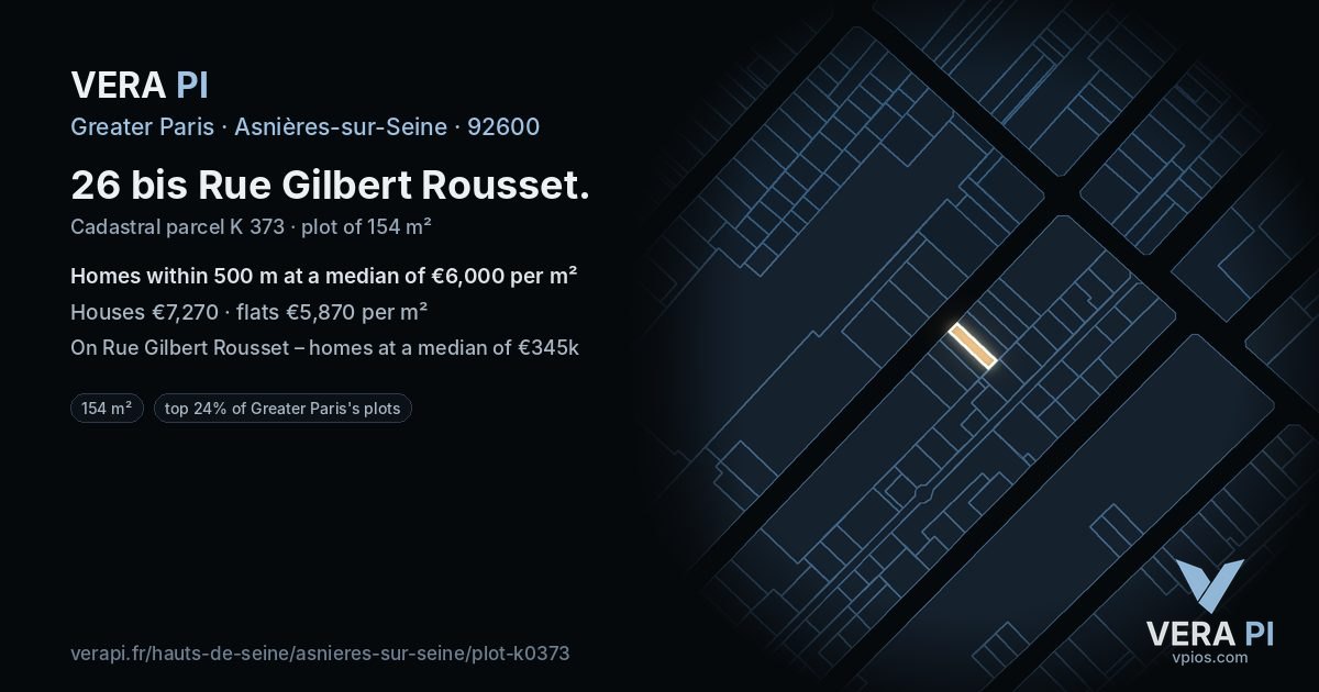 26 bis Rue Gilbert Rousset, Asnières-sur-Seine at night – the plot lit, the parcels around coloured by the prices near them