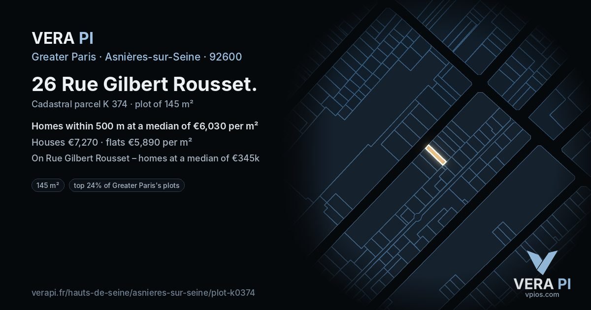 26 Rue Gilbert Rousset, Asnières-sur-Seine at night – the plot lit, the parcels around coloured by the prices near them
