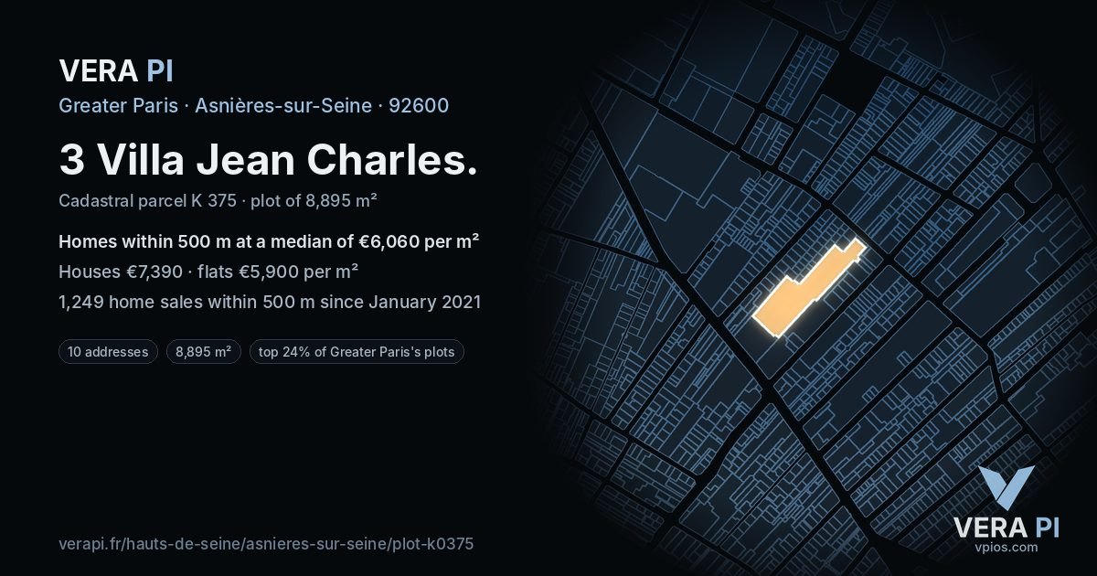 3 Villa Jean Charles, Asnières-sur-Seine at night – the plot lit, the parcels around coloured by the prices near them
