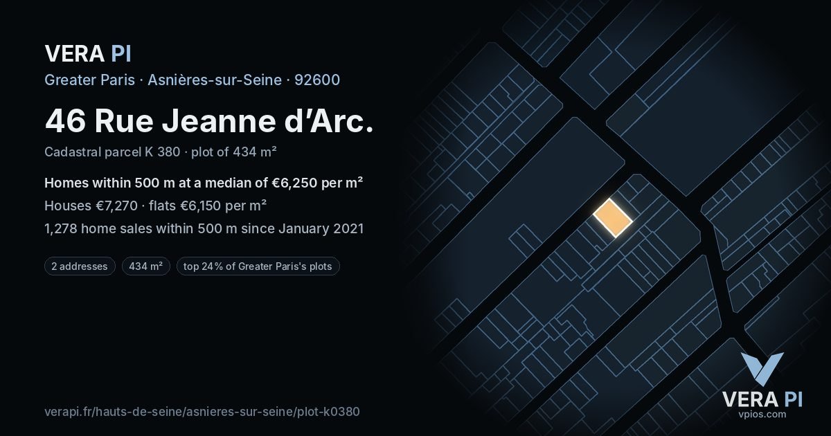 46 Rue Jeanne d’Arc, Asnières-sur-Seine at night – the plot lit, the parcels around coloured by the prices near them