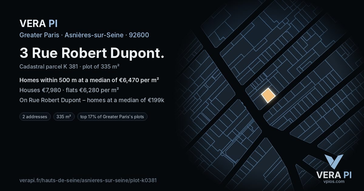 3 Rue Robert Dupont, Asnières-sur-Seine at night – the plot lit, the parcels around coloured by the prices near them