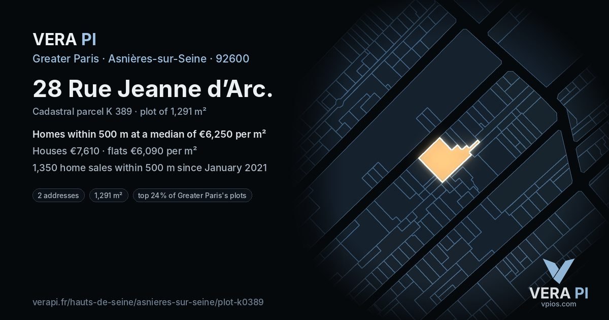 28 Rue Jeanne d’Arc, Asnières-sur-Seine at night – the plot lit, the parcels around coloured by the prices near them