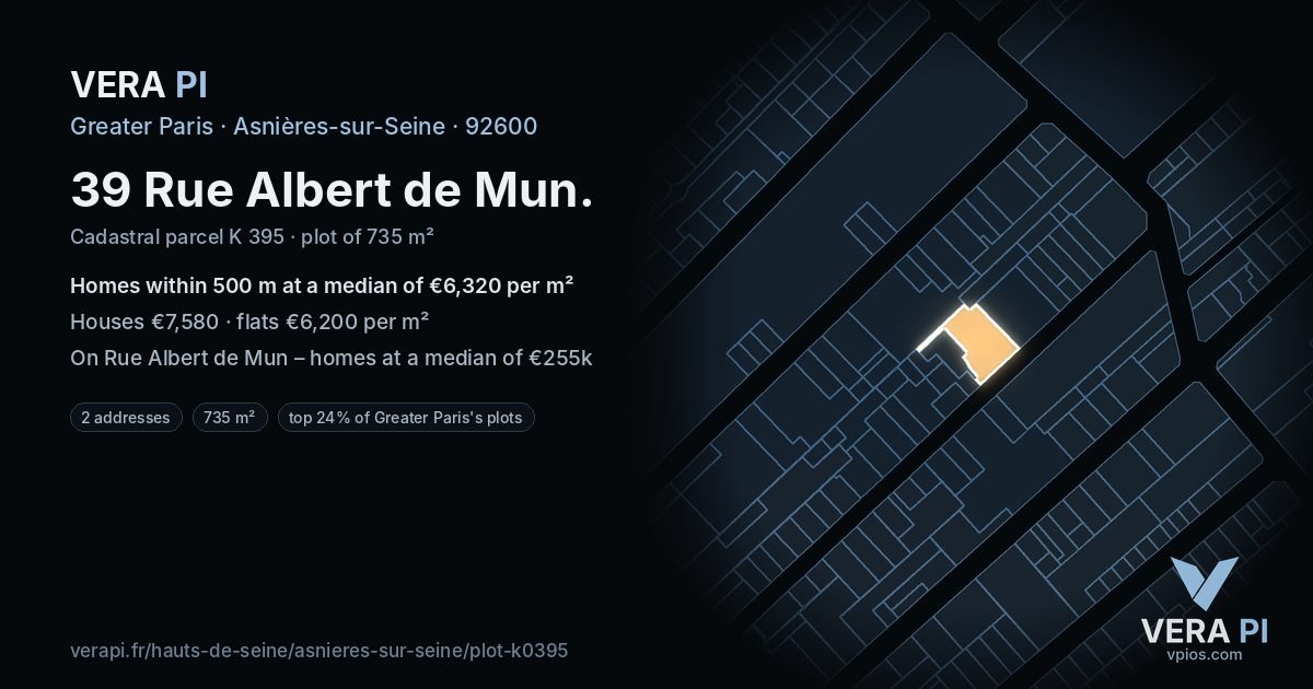 39 Rue Albert de Mun, Asnières-sur-Seine at night – the plot lit, the parcels around coloured by the prices near them
