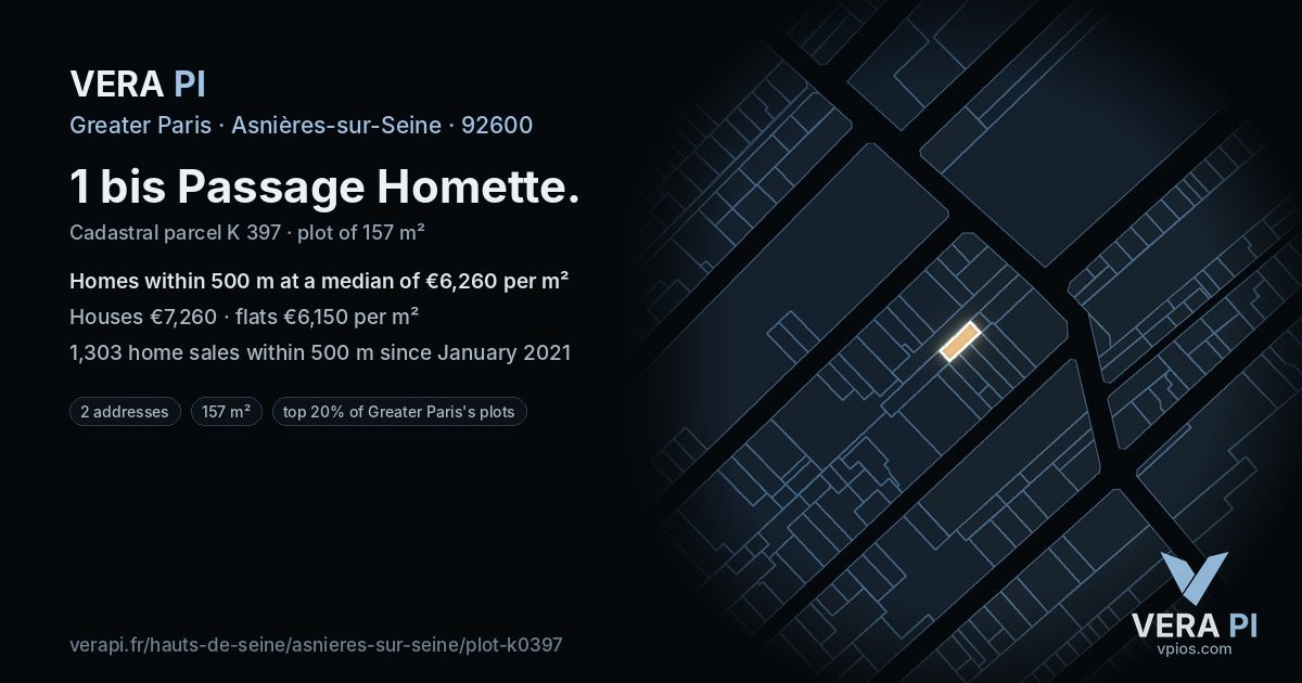 1 bis Passage Homette, Asnières-sur-Seine at night – the plot lit, the parcels around coloured by the prices near them