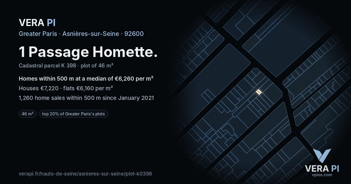 1 Passage Homette, Asnières-sur-Seine at night – the plot lit, the parcels around coloured by the prices near them