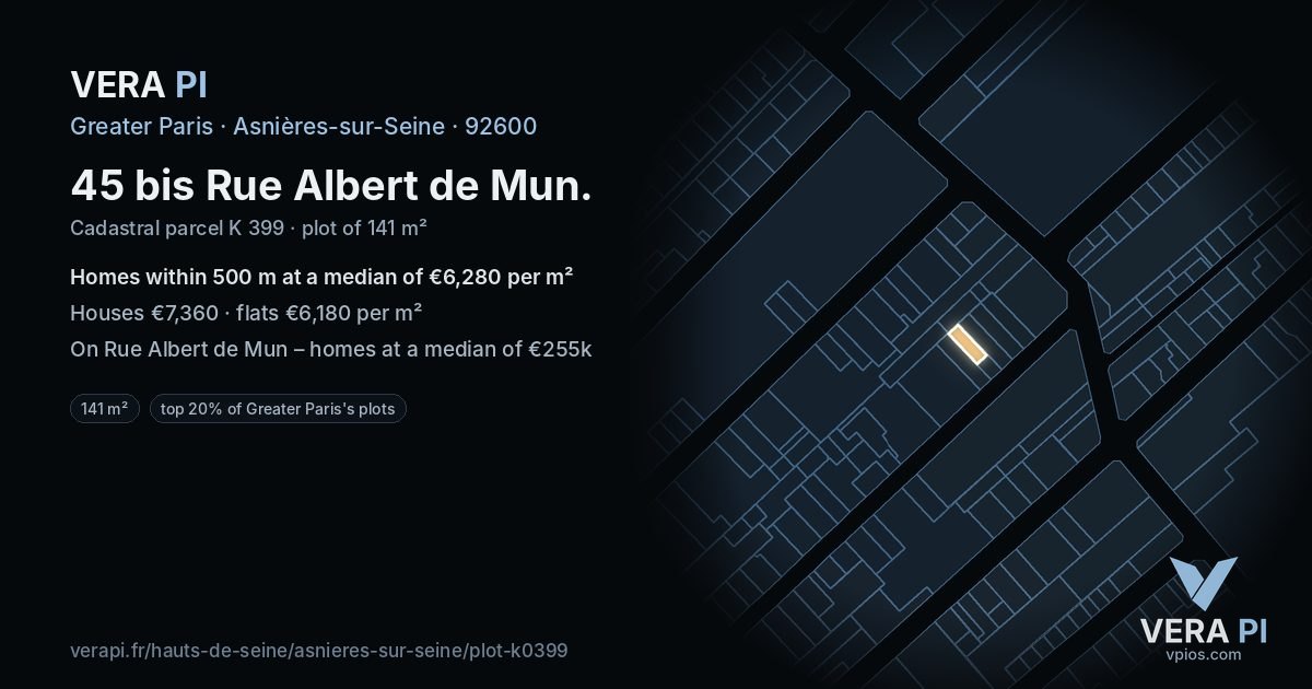 45 bis Rue Albert de Mun, Asnières-sur-Seine at night – the plot lit, the parcels around coloured by the prices near them