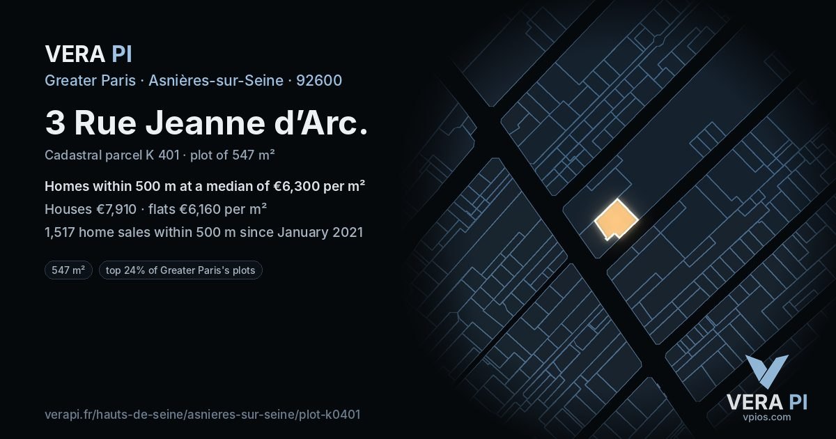 3 Rue Jeanne d’Arc, Asnières-sur-Seine at night – the plot lit, the parcels around coloured by the prices near them