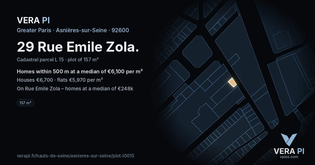 29 Rue Emile Zola, Asnières-sur-Seine at night – the plot lit, the parcels around coloured by the prices near them