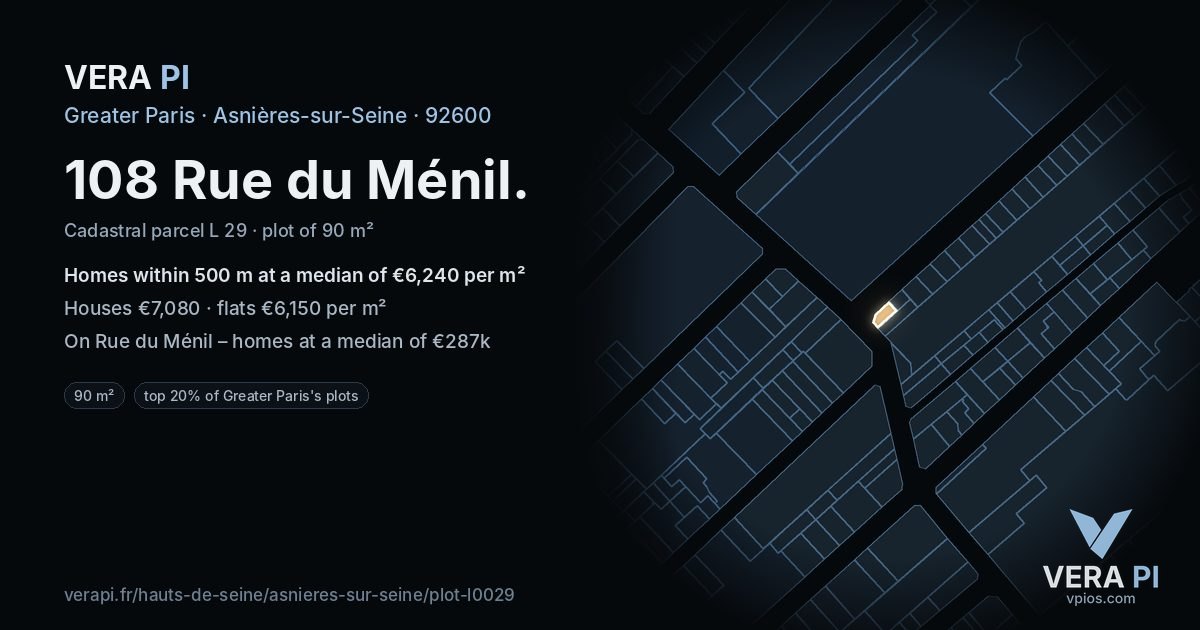 108 Rue du Ménil, Asnières-sur-Seine at night – the plot lit, the parcels around coloured by the prices near them
