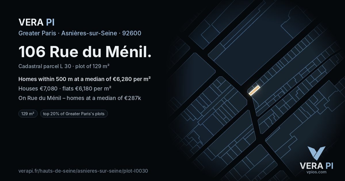 106 Rue du Ménil, Asnières-sur-Seine at night – the plot lit, the parcels around coloured by the prices near them