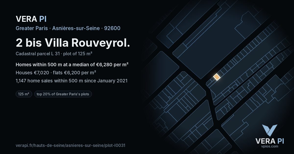 2 bis Villa Rouveyrol, Asnières-sur-Seine at night – the plot lit, the parcels around coloured by the prices near them