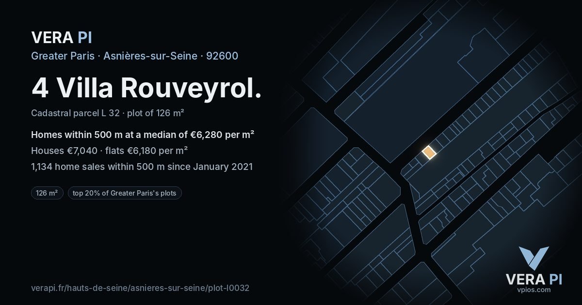 4 Villa Rouveyrol, Asnières-sur-Seine at night – the plot lit, the parcels around coloured by the prices near them