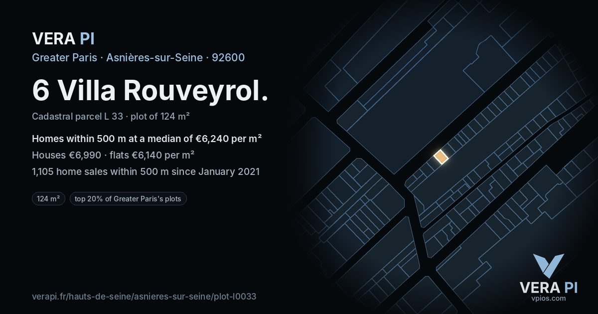 6 Villa Rouveyrol, Asnières-sur-Seine at night – the plot lit, the parcels around coloured by the prices near them