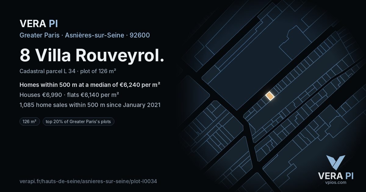 8 Villa Rouveyrol, Asnières-sur-Seine at night – the plot lit, the parcels around coloured by the prices near them