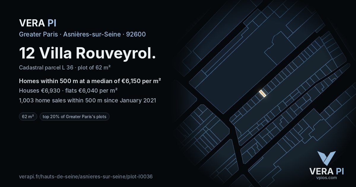 12 Villa Rouveyrol, Asnières-sur-Seine at night – the plot lit, the parcels around coloured by the prices near them