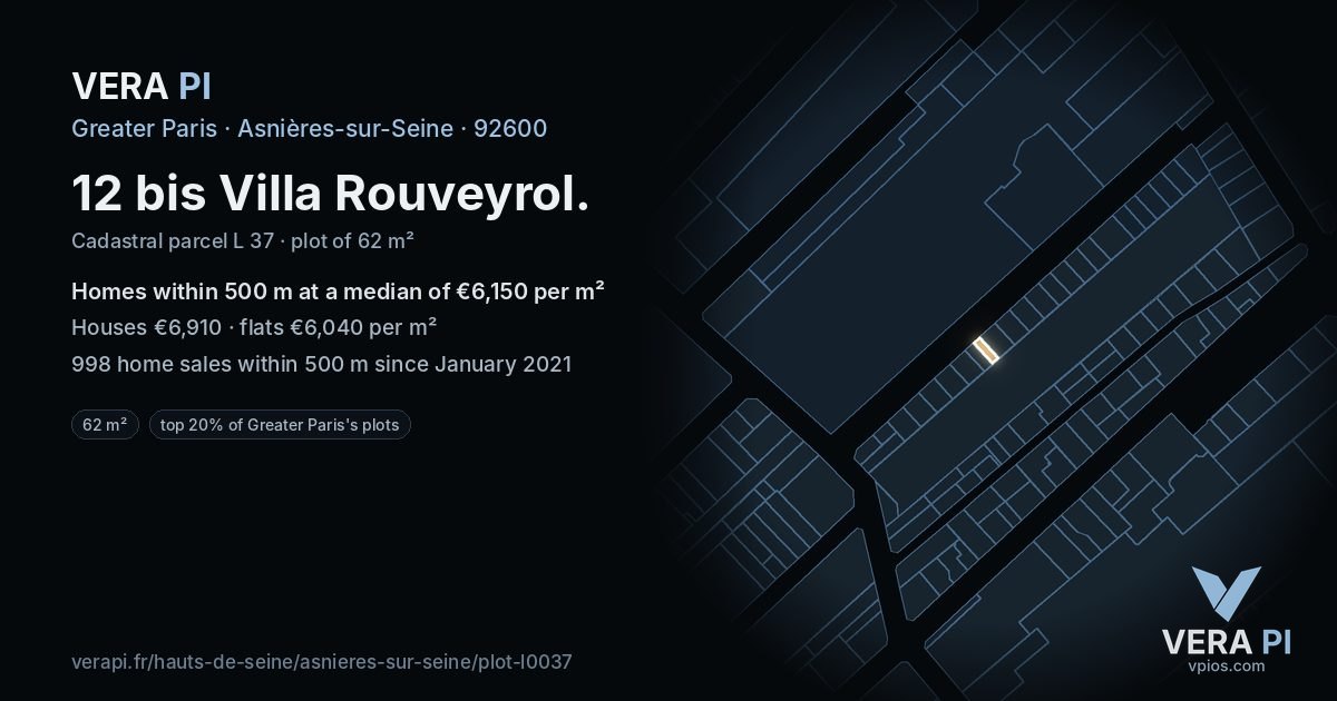 12 bis Villa Rouveyrol, Asnières-sur-Seine at night – the plot lit, the parcels around coloured by the prices near them