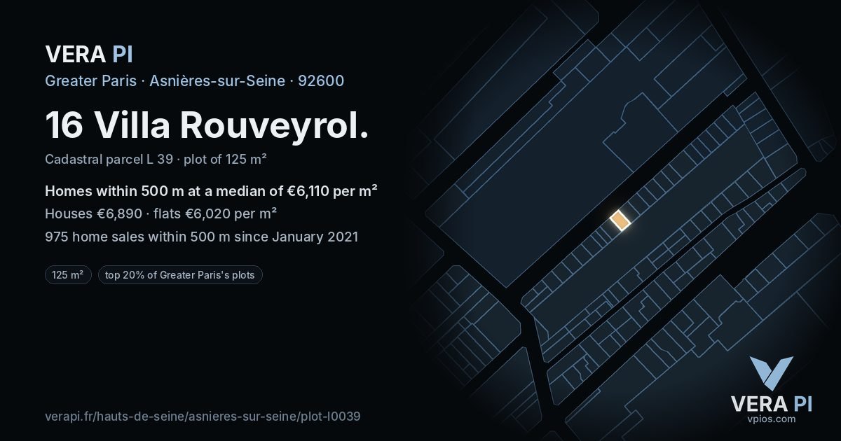16 Villa Rouveyrol, Asnières-sur-Seine at night – the plot lit, the parcels around coloured by the prices near them